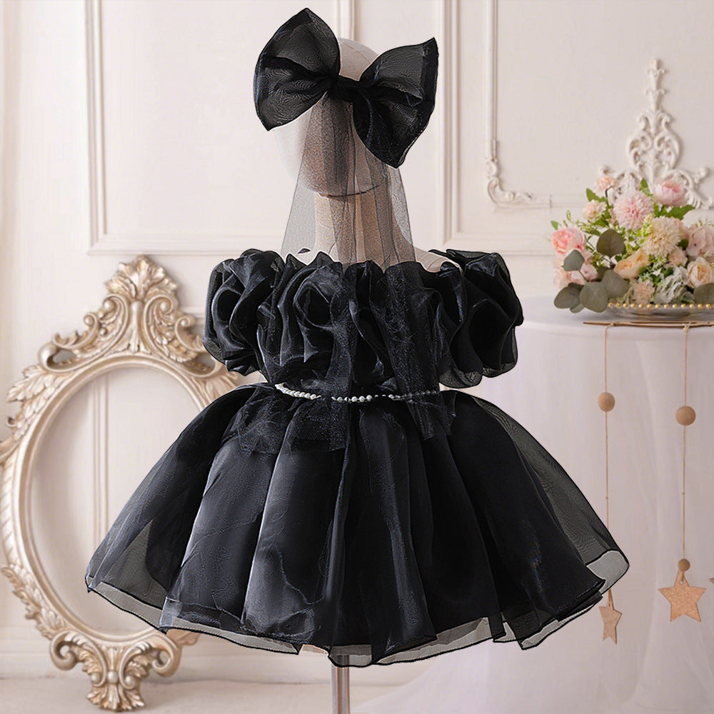 Amazon popular girls princess dress baby first birthday dress one-word shoulder pleated puffy dress spot