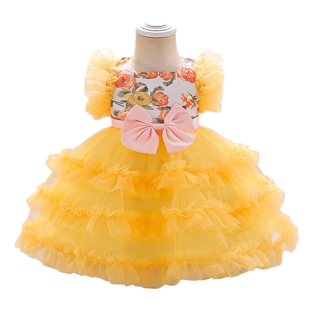 Amazon's new baby one-year-old dress infant princess dress printed mesh pleated puff wash dress spot