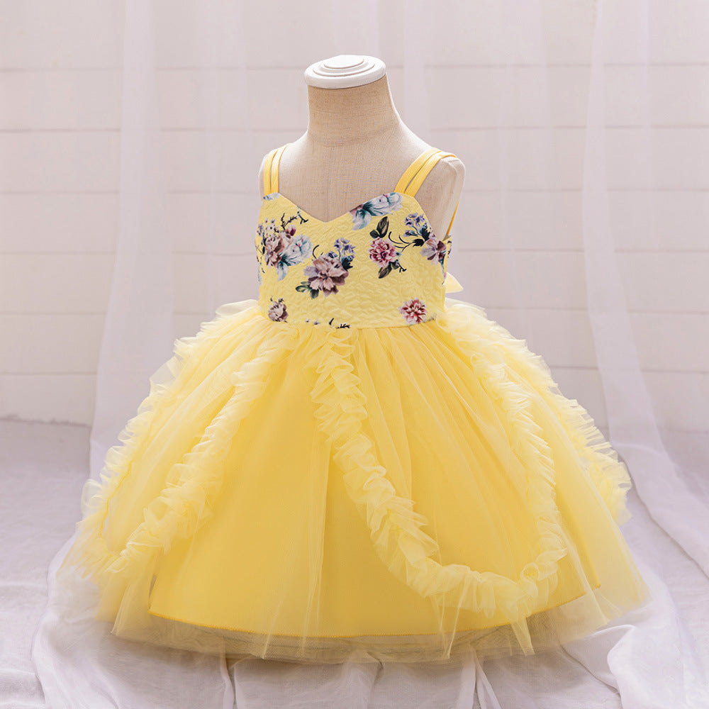 Baby's first birthday banquet dress printing suspender splicing mesh fluffy princess dress wedding flower girl dress dress dress