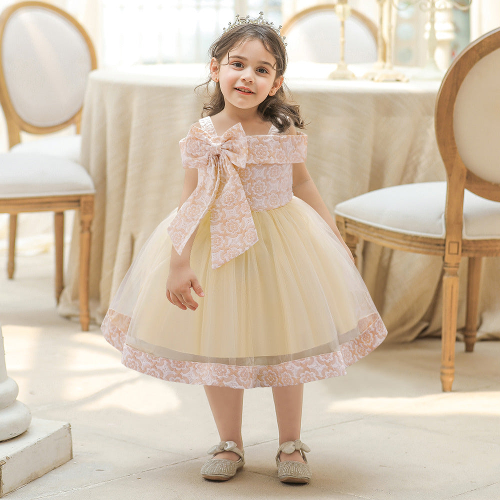 Foreign trade summer new children's big bow suspender princess dress fluffy mesh dress flower girl catwalk performance clothes