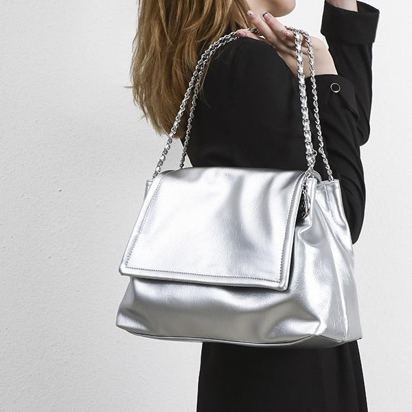 Trendy Silver Women's Shoulder Bag – Casual Chain Crossbody Bag