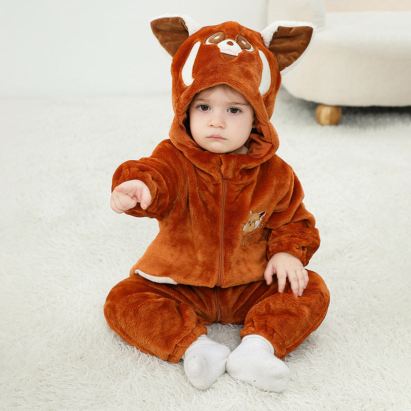 Qile Rabbit autumn new baby comfortable flannel single-layer animal red panda shape one-piece Romper