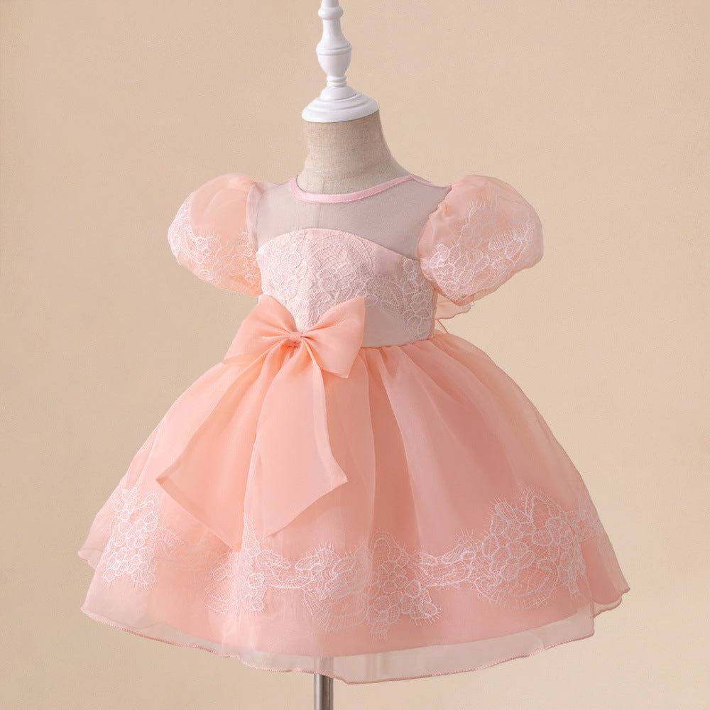 Amazon Children's Dress Baby Birthday One Year Banquet Embroidered Mesh Bubble Sleeve Bow Fluffy Princess Dress