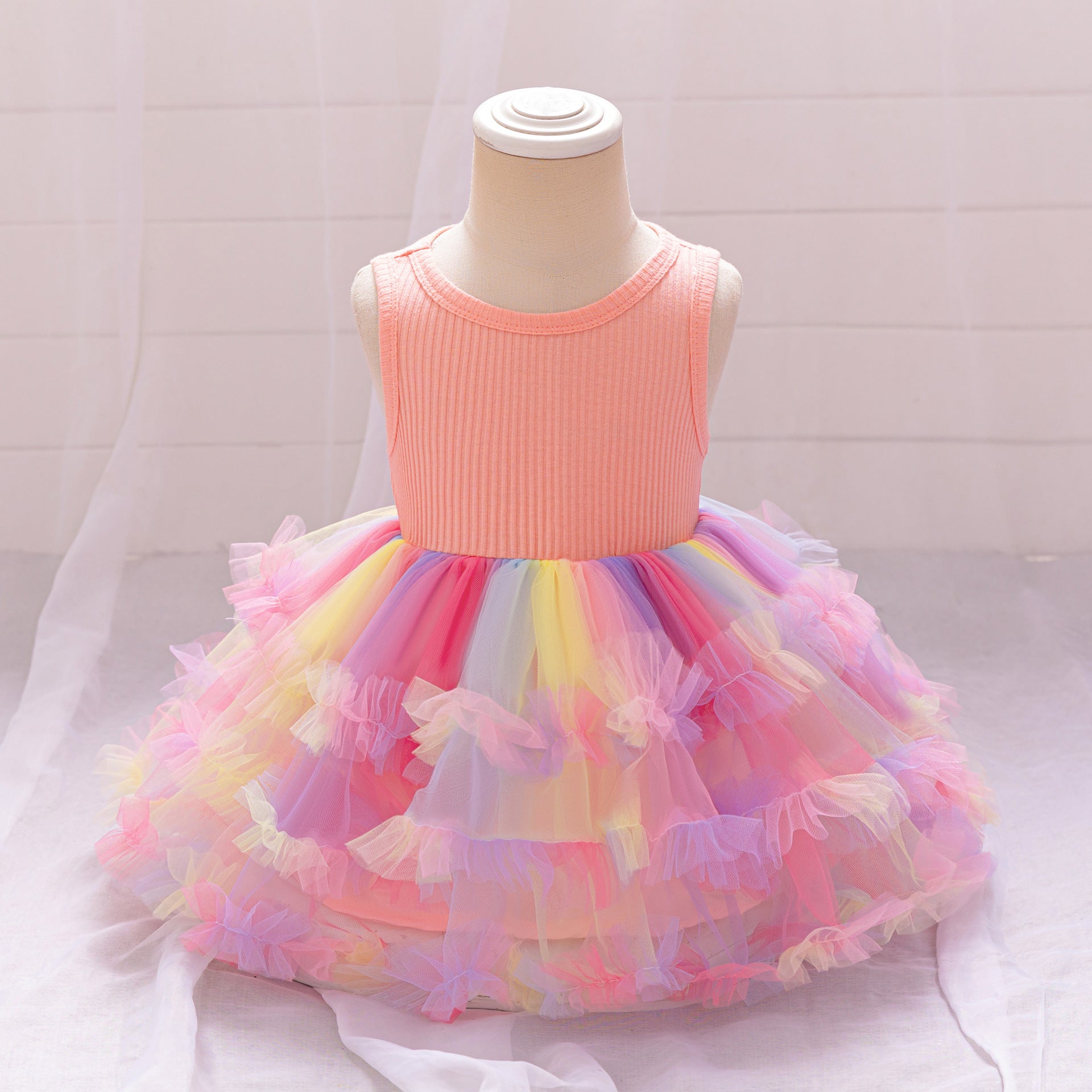 European and American new baby dress one-year-old dress rainbow mesh fluffy princess dress children's holiday birthday dress
