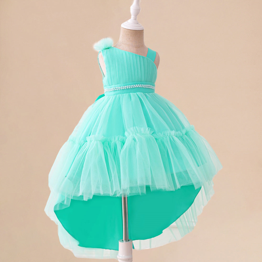 European and American children's dresses, irregular slanted shoulders, tags, beaded mesh stitching princess dresses, children's evening performance clothes