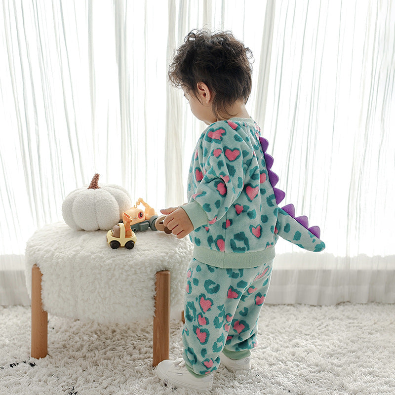 Autumn new baby flannel long-sleeved styling set monster styling with three-dimensional tail two-piece set