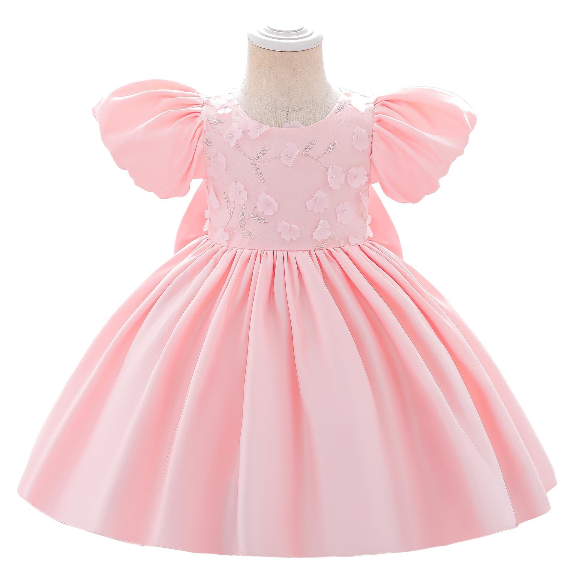 European and American cross-border big bow girl birthday party evening dress, children's bubble sleeve full moon first-year dress
