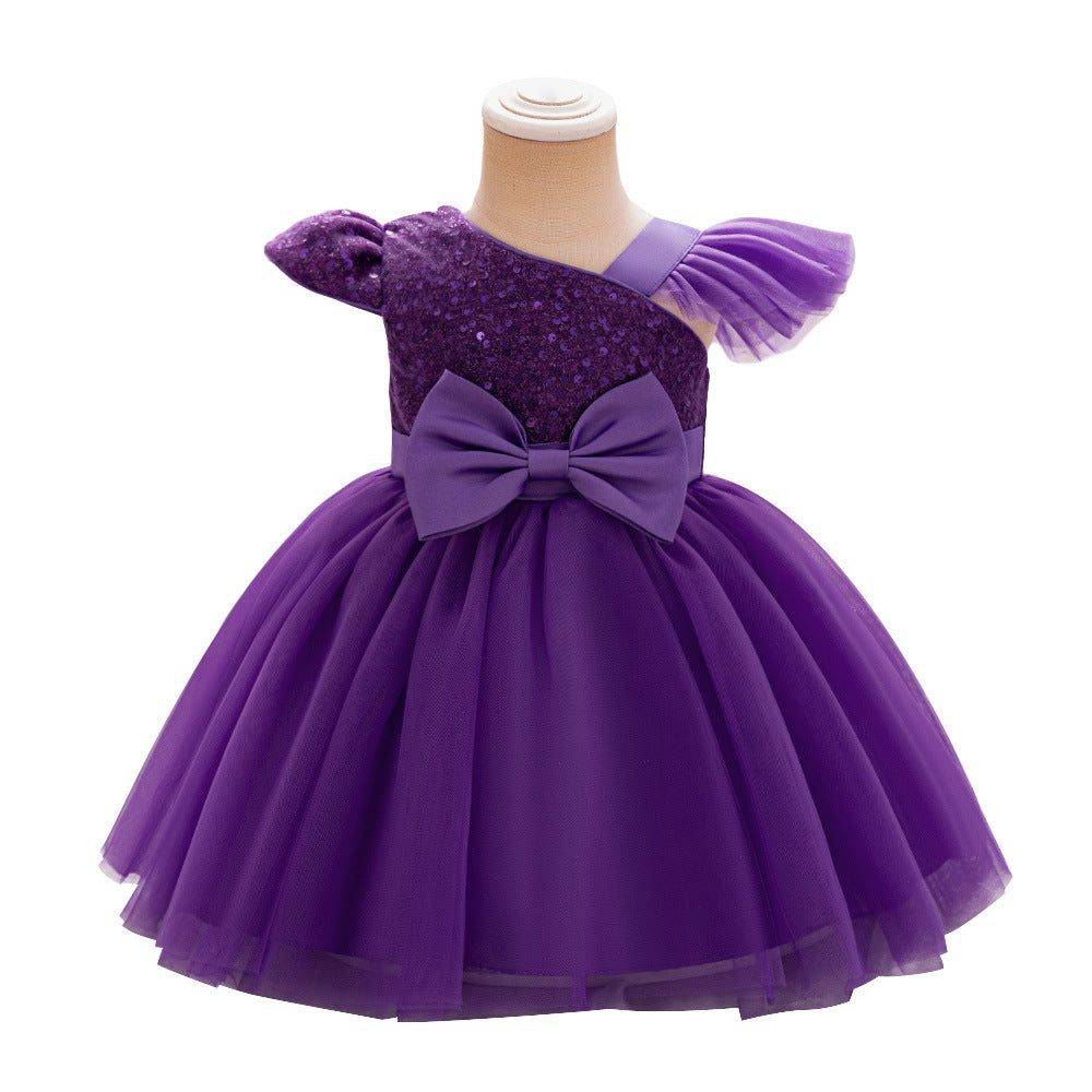 Europe and the United States ebay baby and child slash shoulder small flying sleeve sequined mesh fluffy princess skirt hemming comfortable breathable skirt
