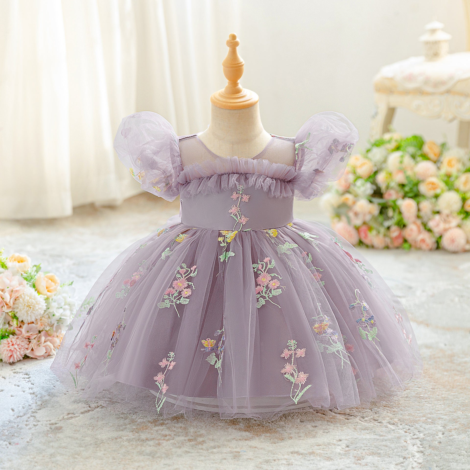 Girls Dress Summer Foreign Style Princess Dress Embroidered Bubble Sleeve Dress Gauze Dress Little Girl Vacation Dress