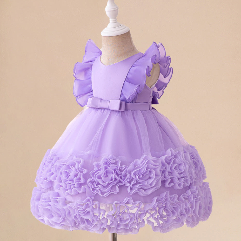 European and American new medium and small children's dresses wedding season flower girl three-dimensional small flying sleeves fluffy princess dress baby year-old dress