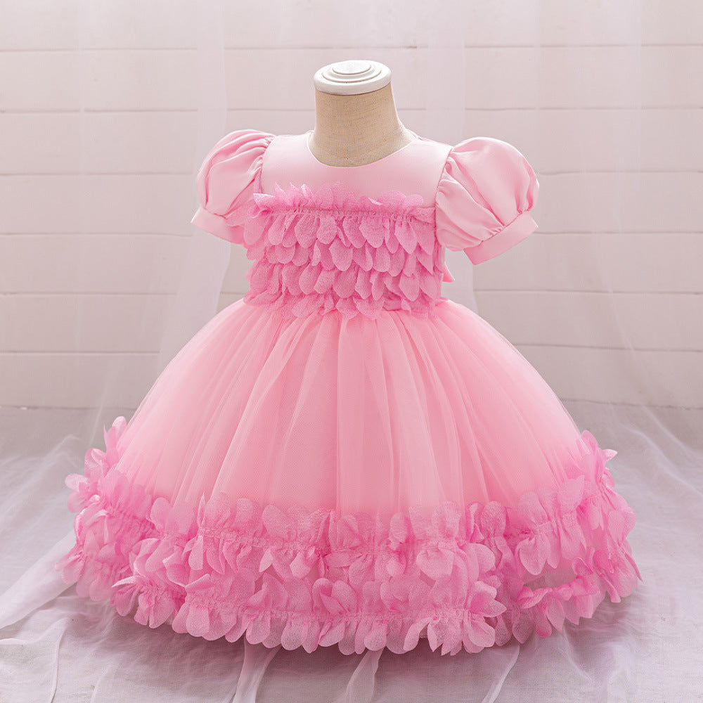 Amazon's new girl baby evening dress children's three-dimensional flower bubble sleeve dress dress girl dinner dress