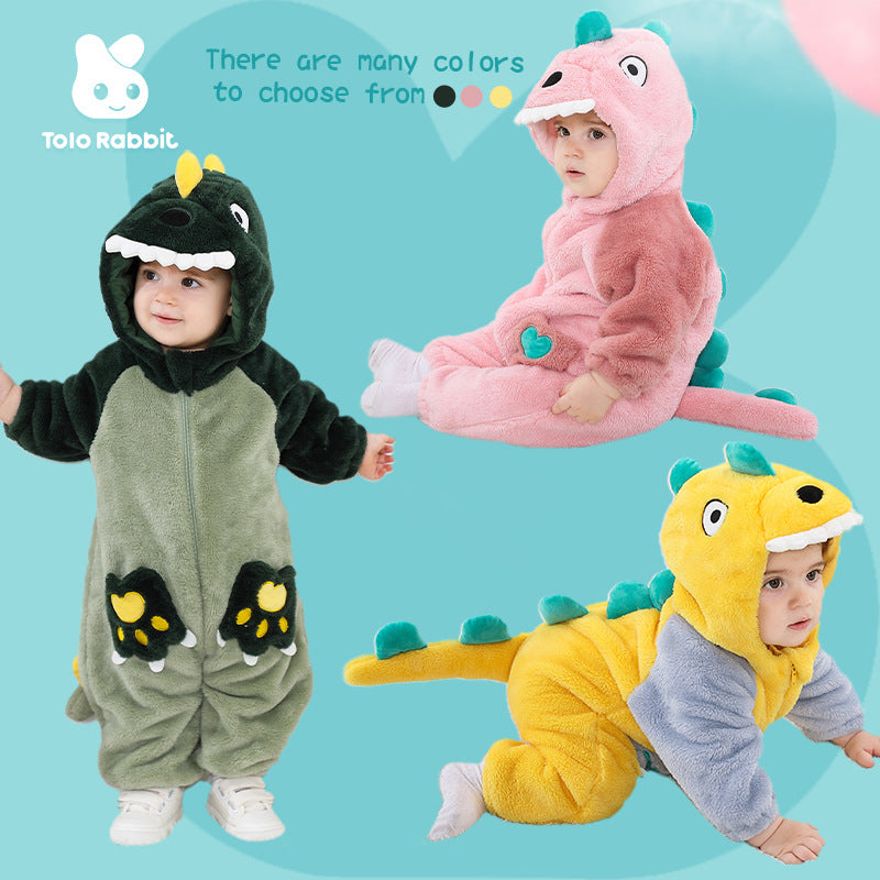 Qile Rabbit Spring and Autumn New Infant and Toddler Baby onesie Cute style contrasting color pocket dinosaur single-layer styling clothes