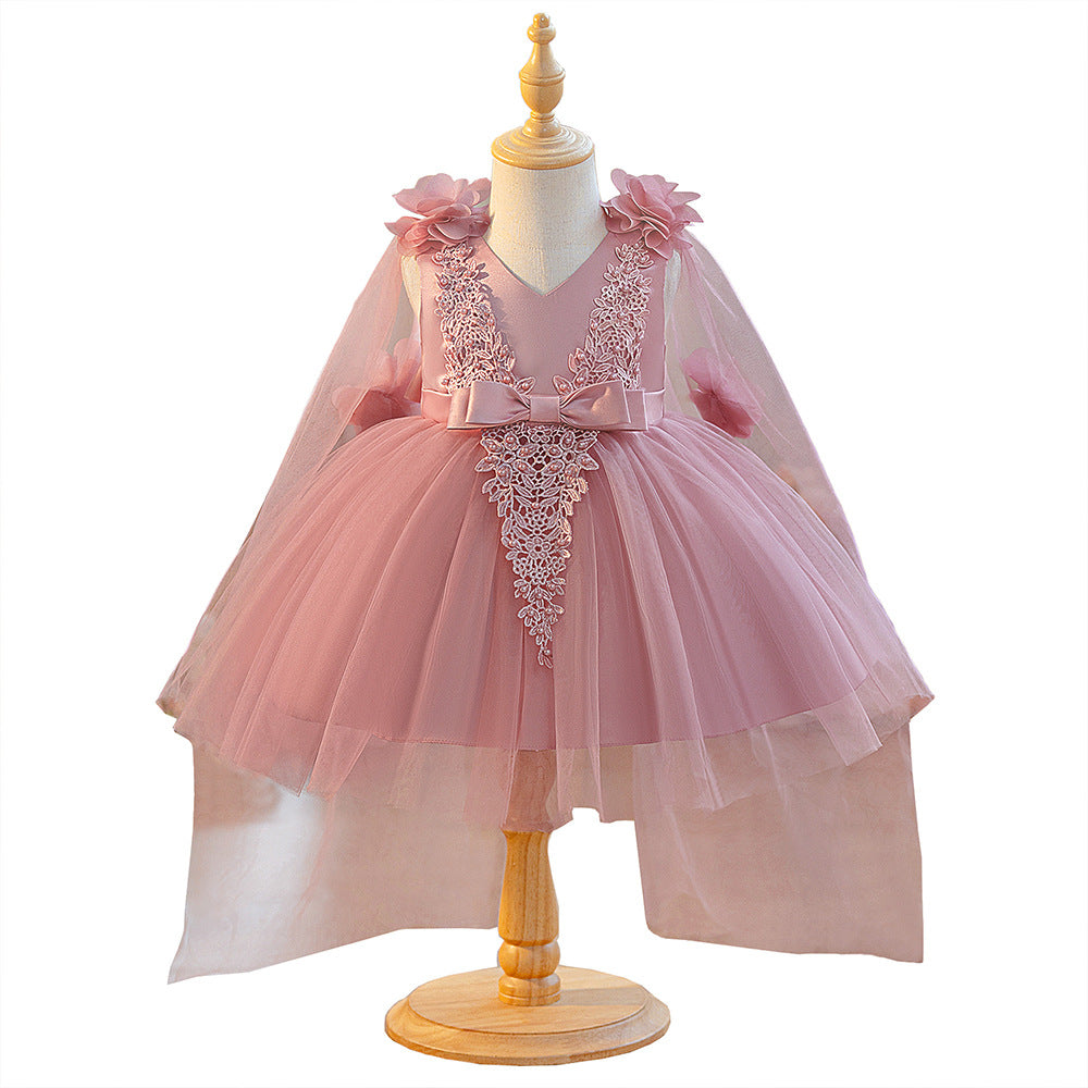 Amazon Cross-Border Girls Dress Beaded Embroidery Mesh Dress Applique Shawl Dress Wedding Flower Girl Princess Dress