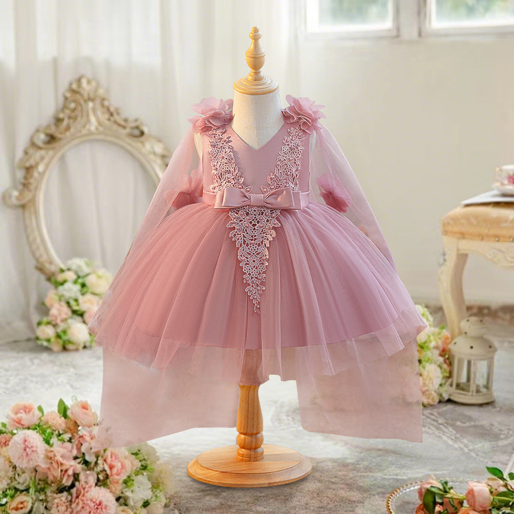 Amazon Cross-Border Girls Dress Beaded Embroidery Mesh Dress Applique Shawl Dress Wedding Flower Girl Princess Dress