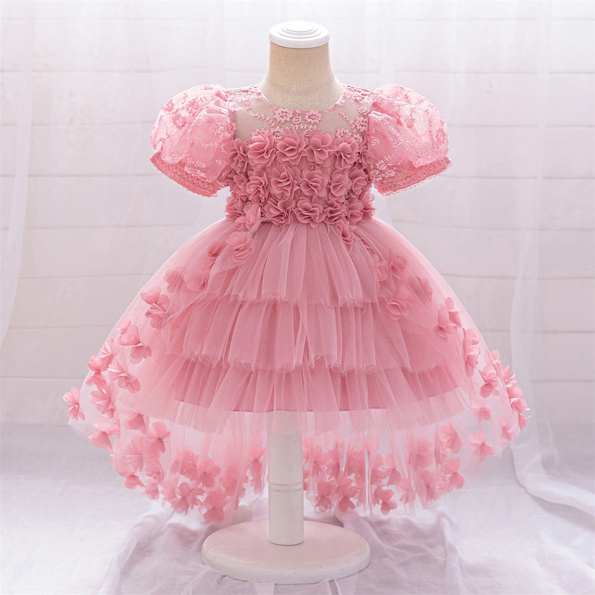 Amazon children's dovetail skirt, medium and older children's three-dimensional flower mesh fluffy dovetail skirt girls' piano performance clothes