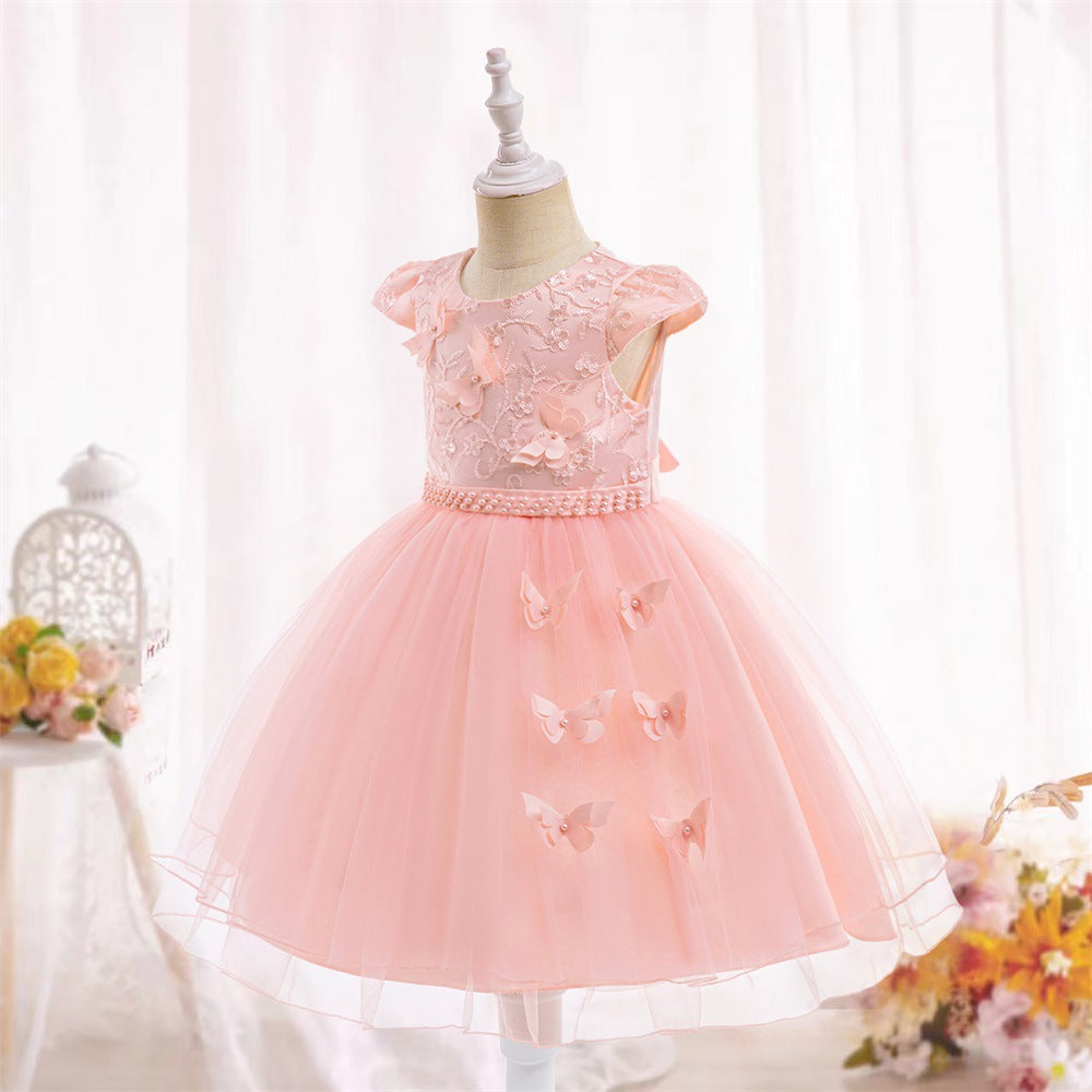 European and American cross-border new children's dresses, three-dimensional butterfly embroidered nail bead mesh dresses, wedding children's princess dresses