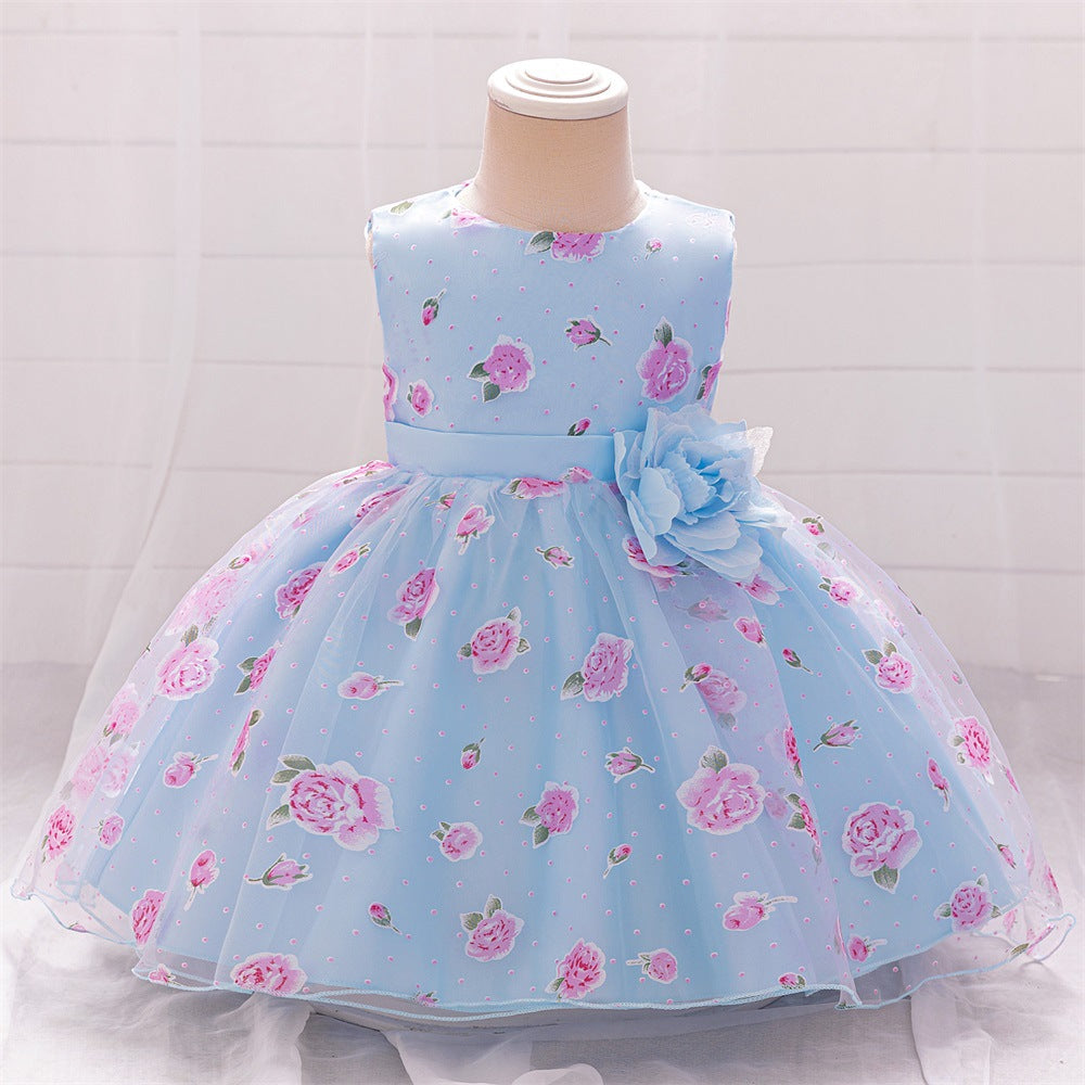 European and American new foreign style girls mesh printing flower girl tutu skirt baby year old dress children princess dress