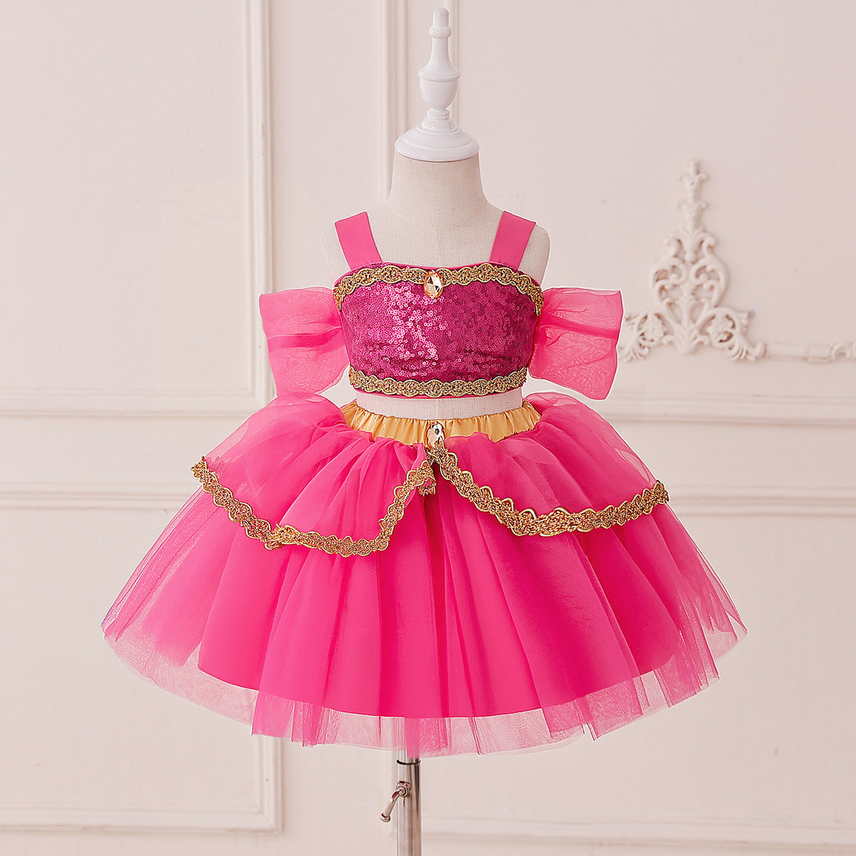 Cross-border AliExpress new Jasmine princess cosplay girls' dress, baby and children's sequined two-piece dress