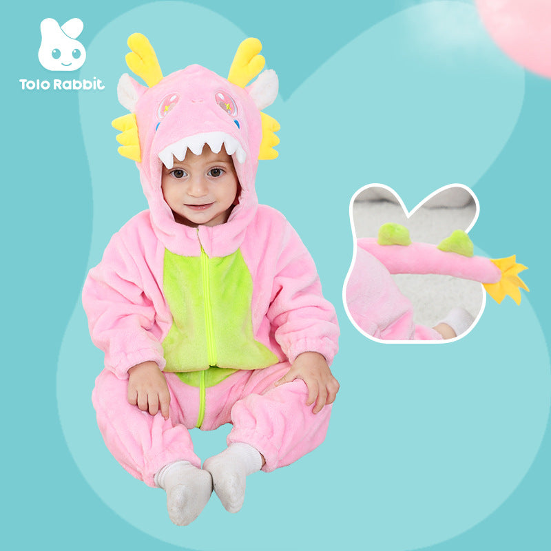 Qile Rabbit autumn new 0-3 year old baby single layer flannel Chinese dragon shape hooded one-piece Romper