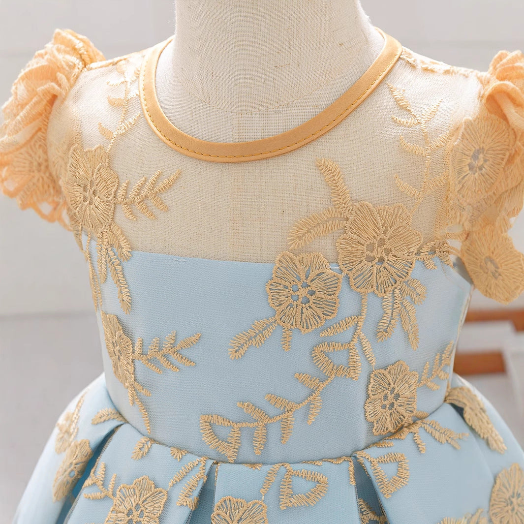Amazon children's dress back bow gold silk embroidery middle and old children's host catwalk children's dress skirt