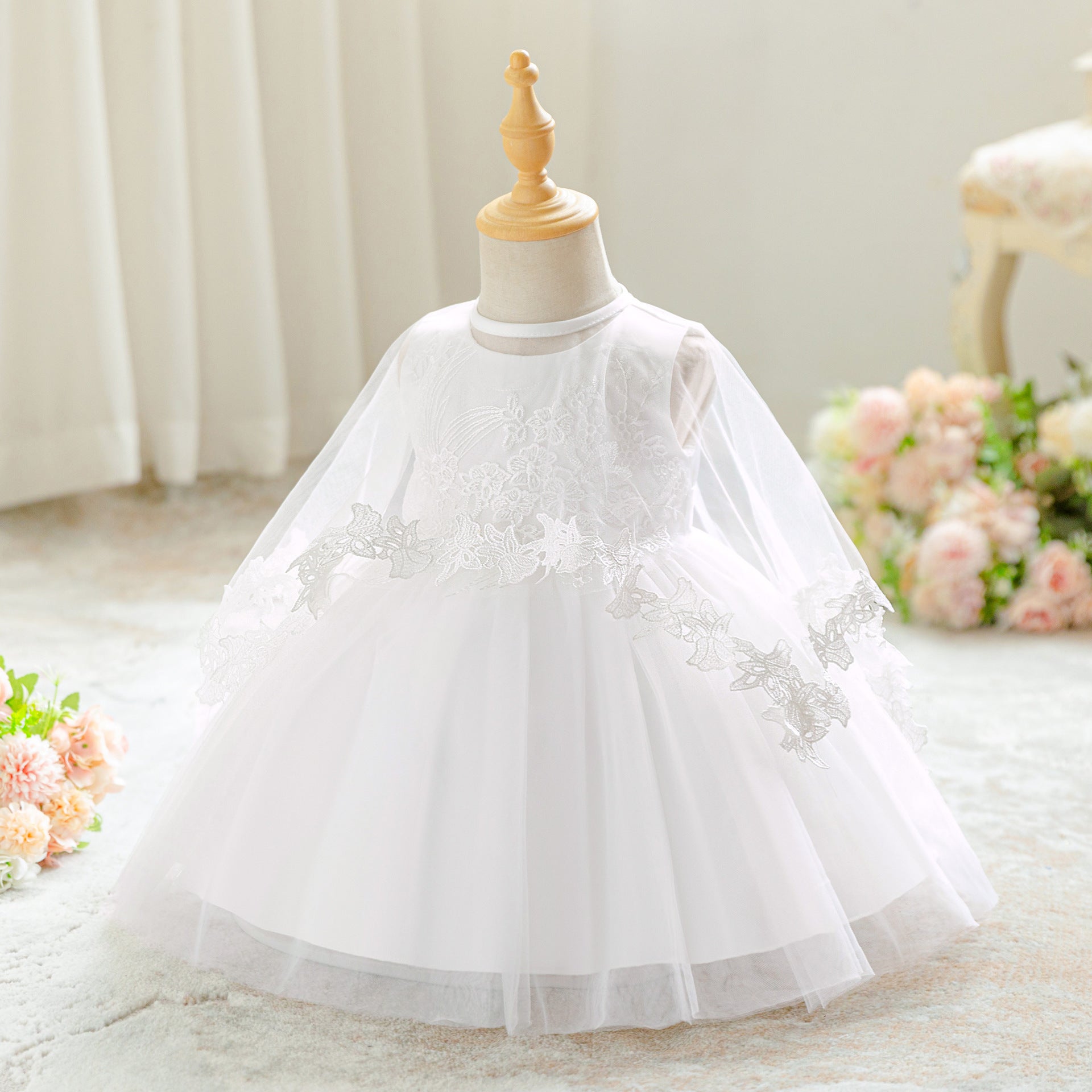 2025 foreign trade new girls wash dress mesh embroidered dress first birthday princess dress with shawl kids