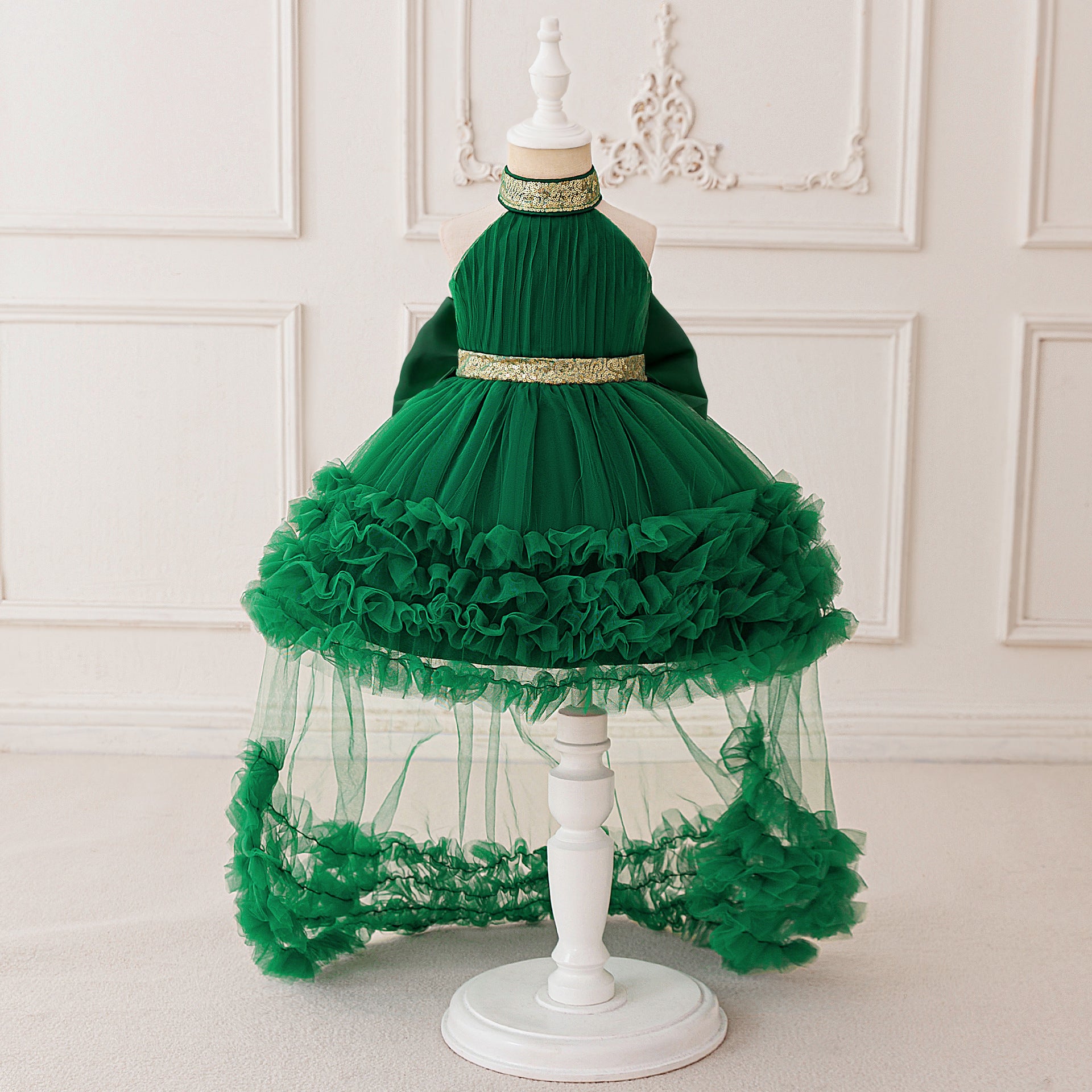 2025 Cross-border New Girls' Birthday Dress Girls' Performance Dress Neck Trailing Princess Dress Mesh Children's Dress