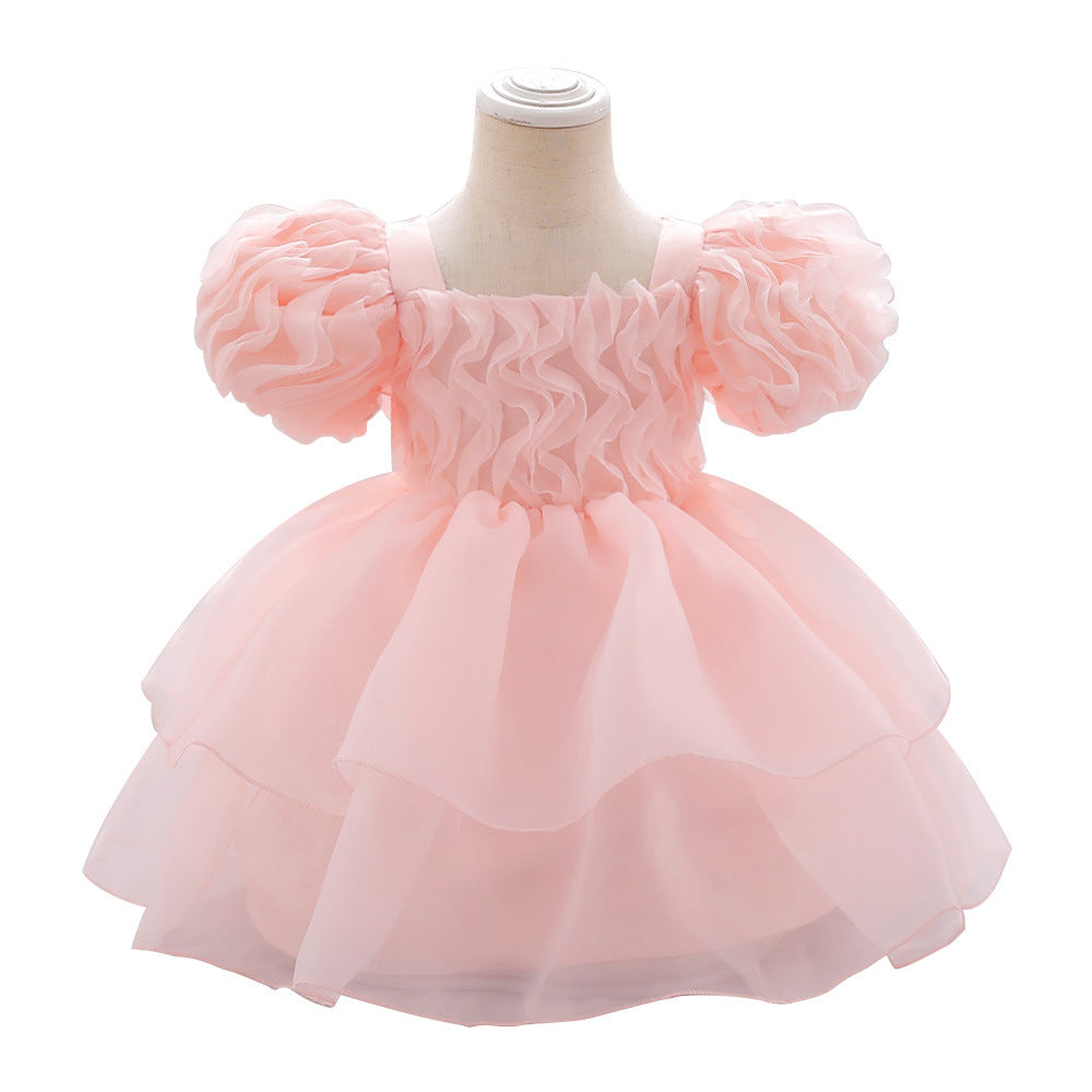 Amazon's new infant dress princess dress baby year old wash dress pleated bubble sleeves fluffy princess dress