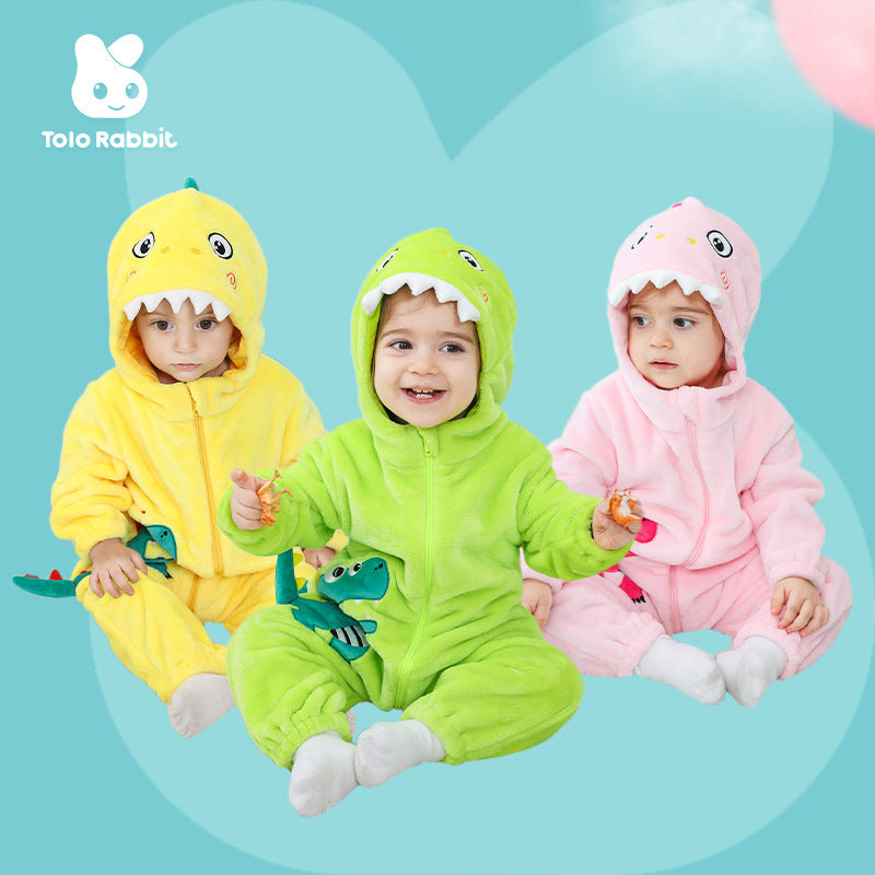 Qile Rabbit autumn new baby comfortable flannel single-layer cute little dinosaur shape one-piece Romper