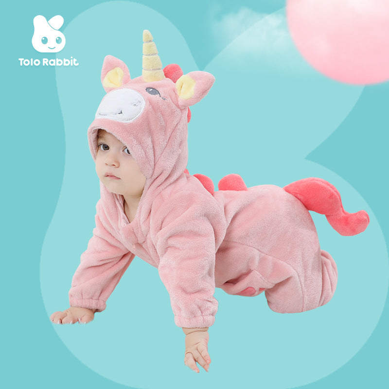 Qile Rabbit autumn new 0-3 year old infant pink unicorn styling clothes flannel single-layer onesie