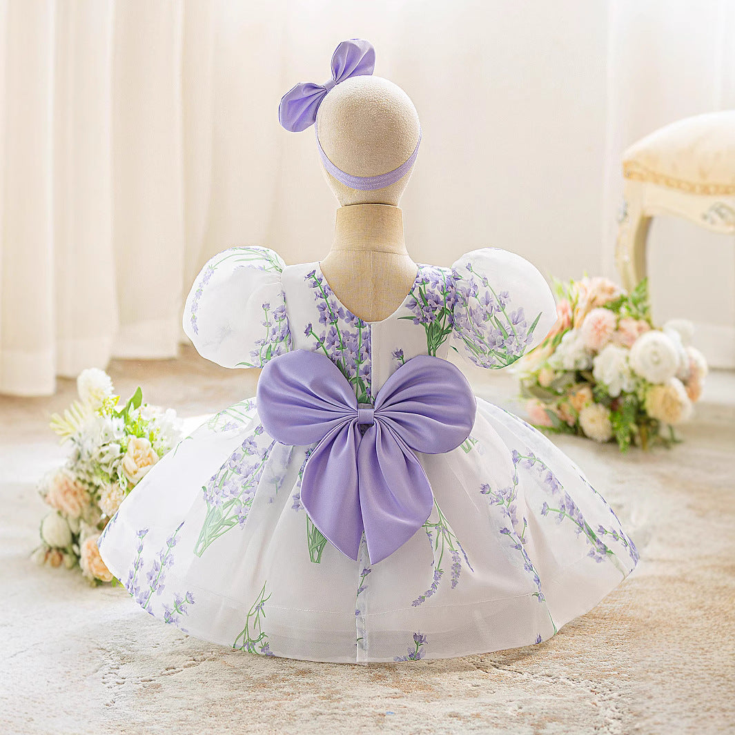 2025 summer new children's dress lavender mesh printing puff dress wedding dress flower girl princess dress performance clothes