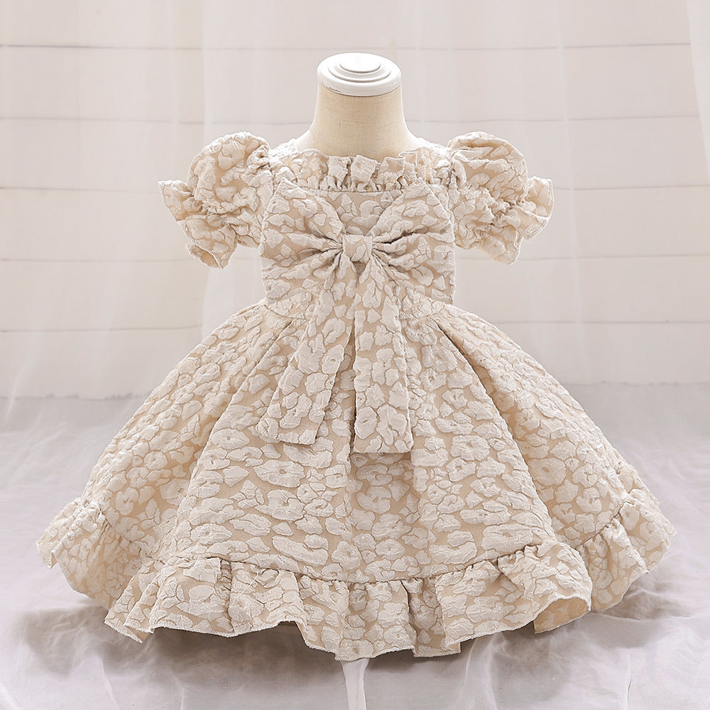 Foreign trade new infant dress bow bubble sleeve embossed princess dress baby birthday first year wash dress