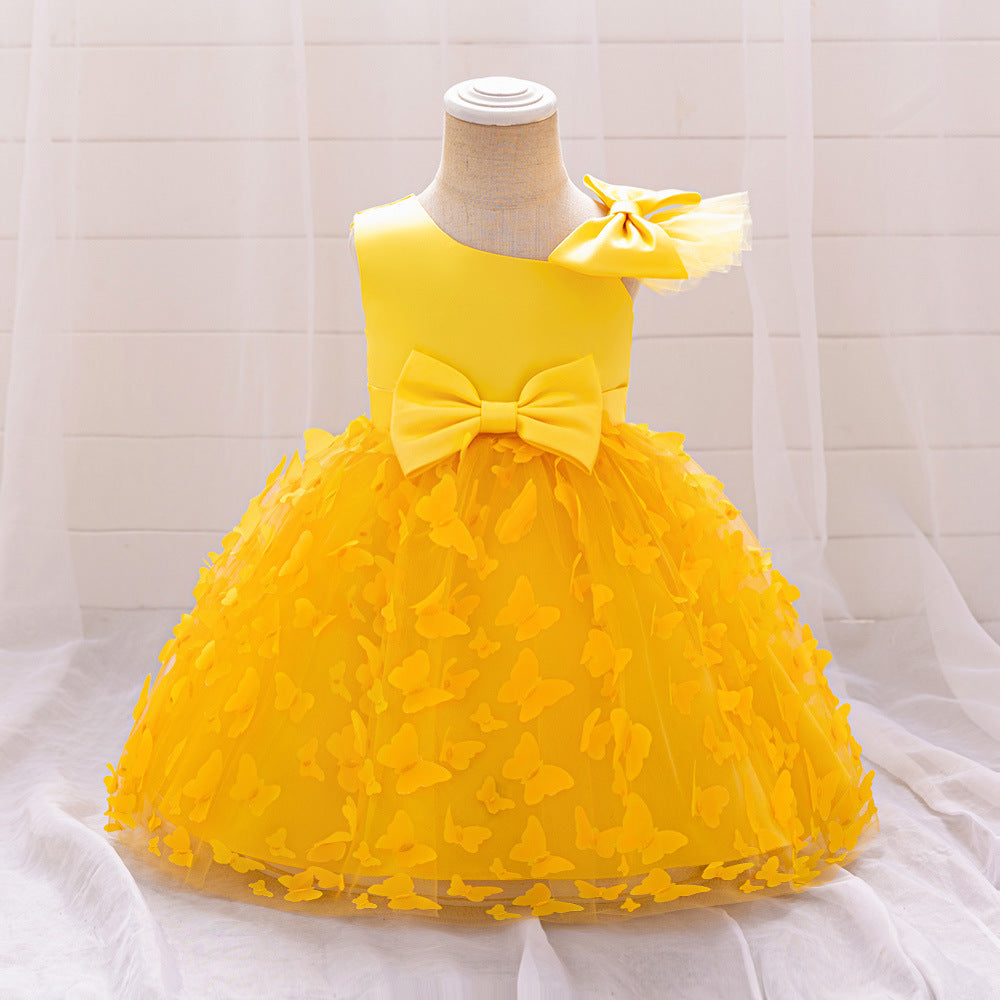 New Girls Princess Dress Mesh Children's Dress Girls' Medium and Children's Three-dimensional Small Butterfly Trouser Dress Birthday and One-Year Dress
