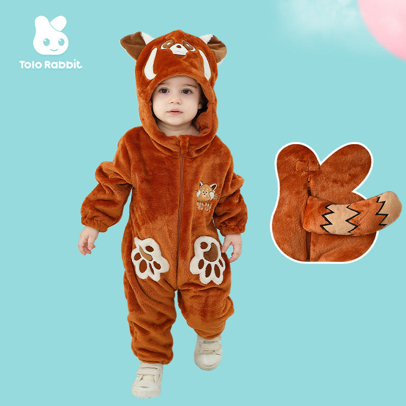 Qile Rabbit autumn new baby comfortable flannel single-layer animal red panda shape one-piece Romper