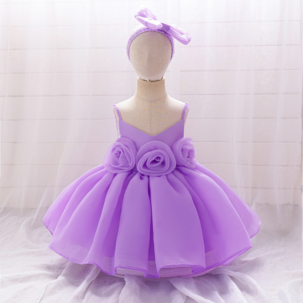 Foreign trade new infant princess dress baby first birthday banquet dress three-dimensional corsage suspender dress