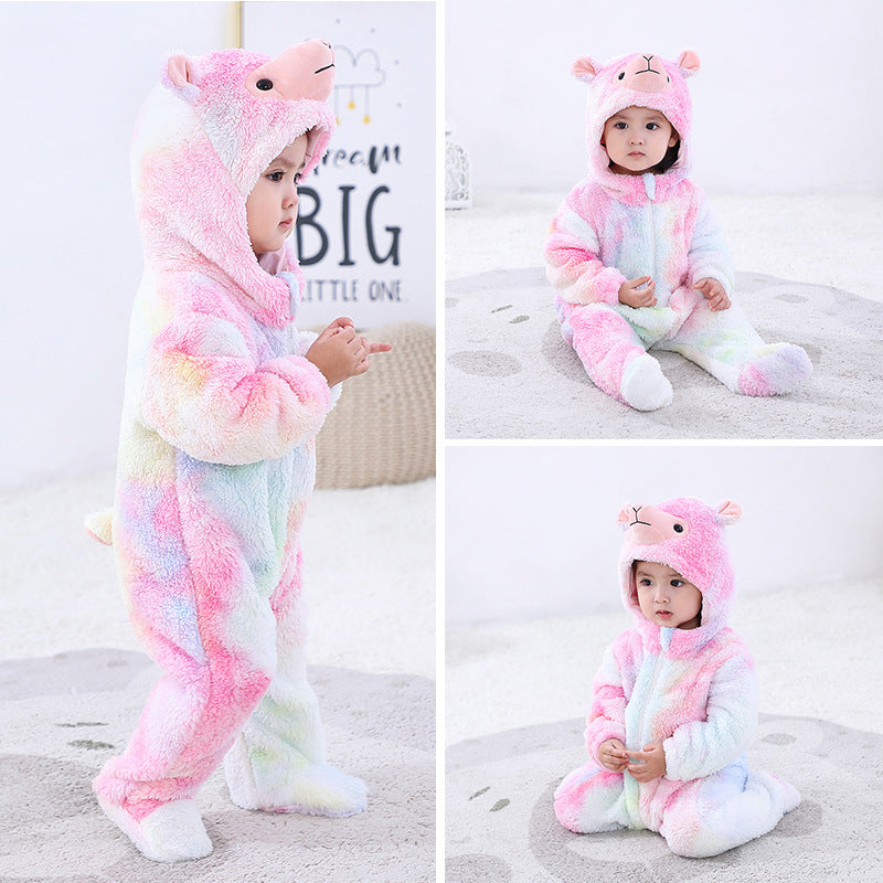 Qile Rabbit new rainbow gradual change baby onesie alpaca hooded plush climbing clothes infant cute out clothes