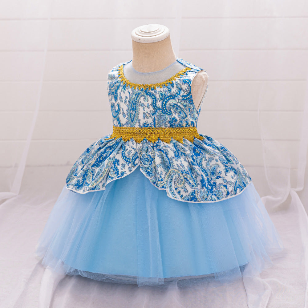 European and American cross-border new children's dresses, annual dresses, summer national tide dresses, satin cloth printing sleeveless princess dresses
