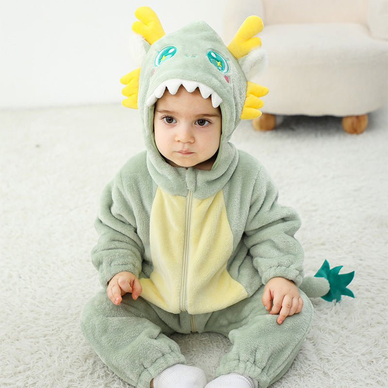 Qile Rabbit autumn new baby single-layer flannel cartoon dinosaur shape hooded one-piece Romper