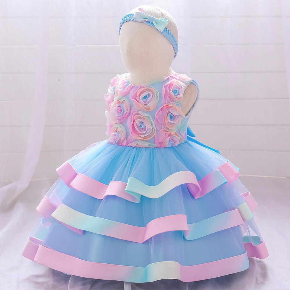 Little girl princess dress children's dress sleeveless dress printed mesh cake puffy dress flower girl catwalk dress sweet