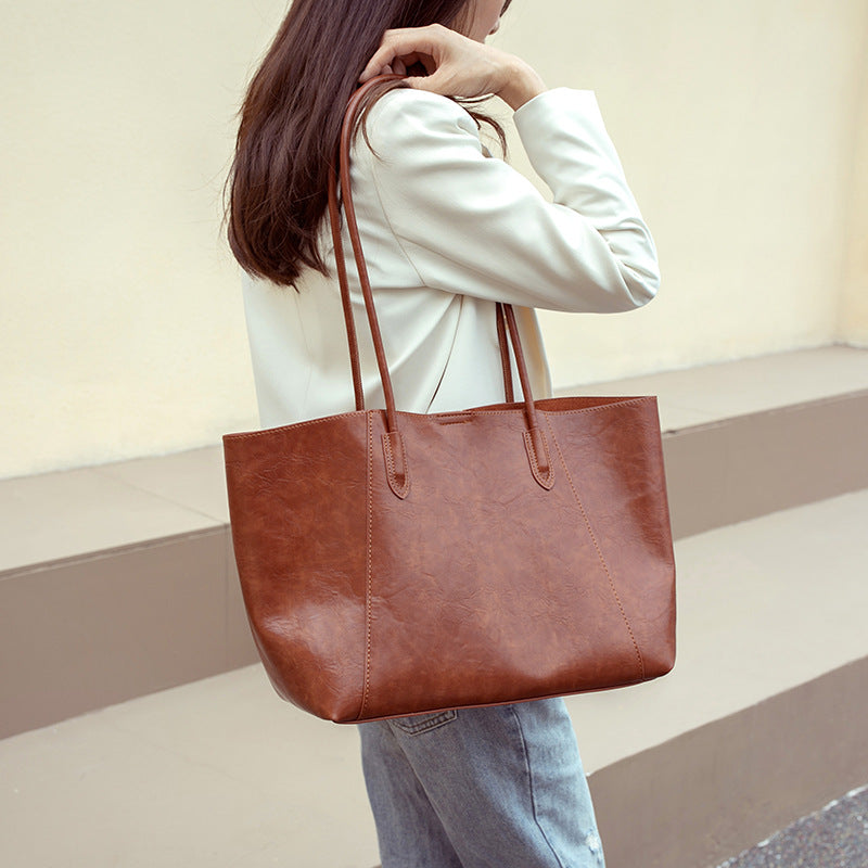 Retro Solid Color Shoulder Tote – European & Korean Style