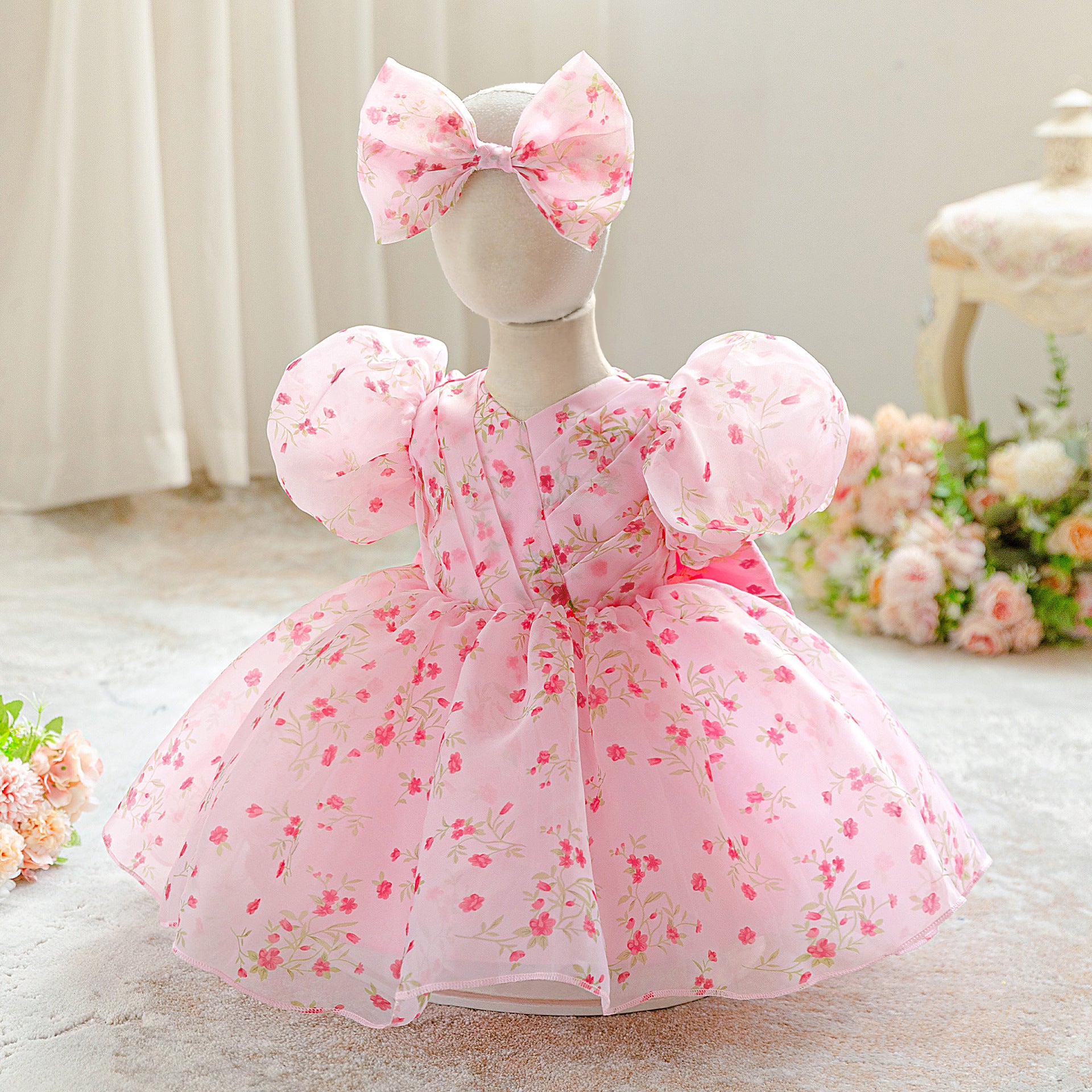 Amazon children's dress girls fluffy floral dress back bow sweet cute bubble sleeve princess dress