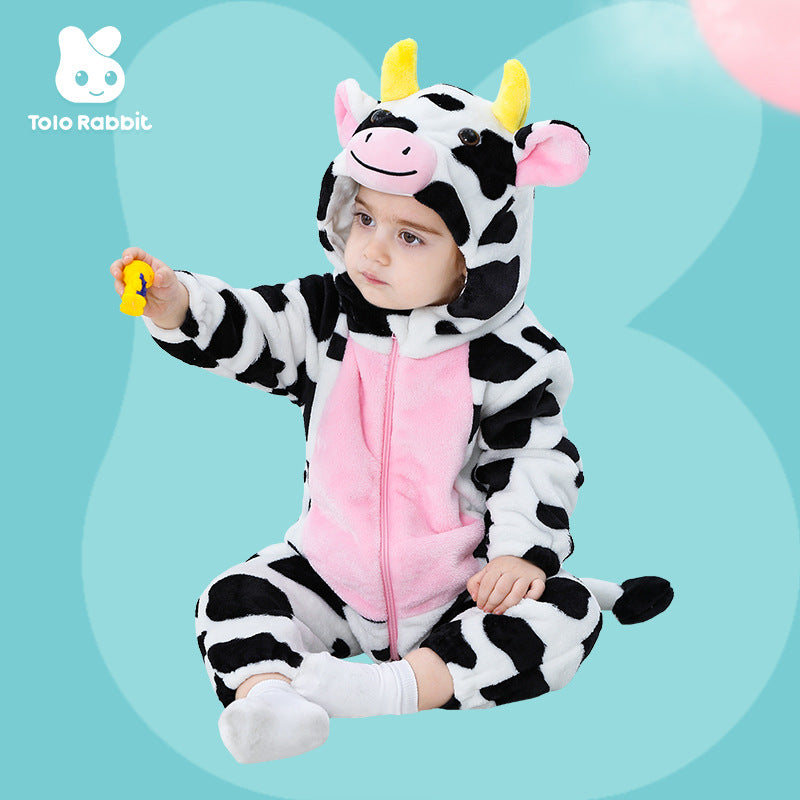 Qile Rabbit autumn new infant baby animal shape flannel single-layer cow shape one-piece Romper