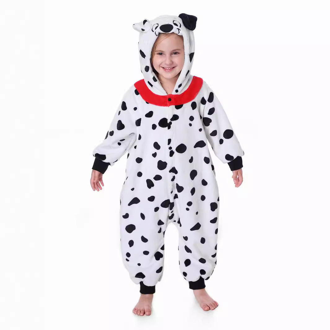 Autumn new children's cartoon styling clothes flannel single-layer spotted dog hooded onesie