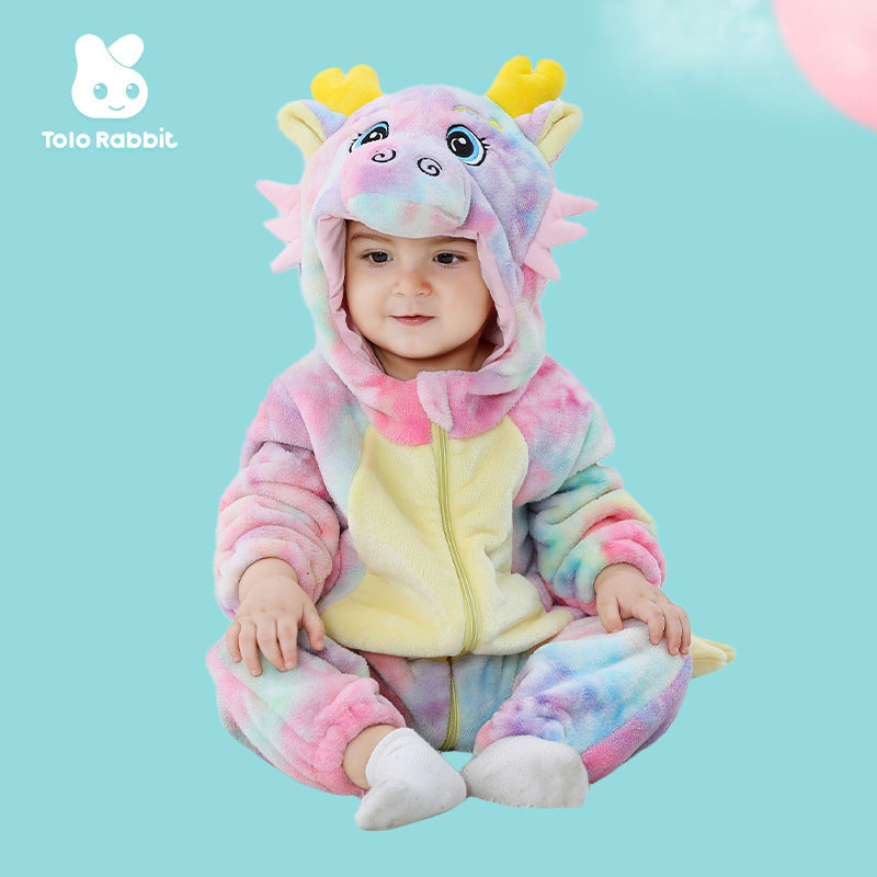 Qile Rabbit autumn new baby single-layer flannel-shaped Romper cartoon dragon-shaped one-piece Romper