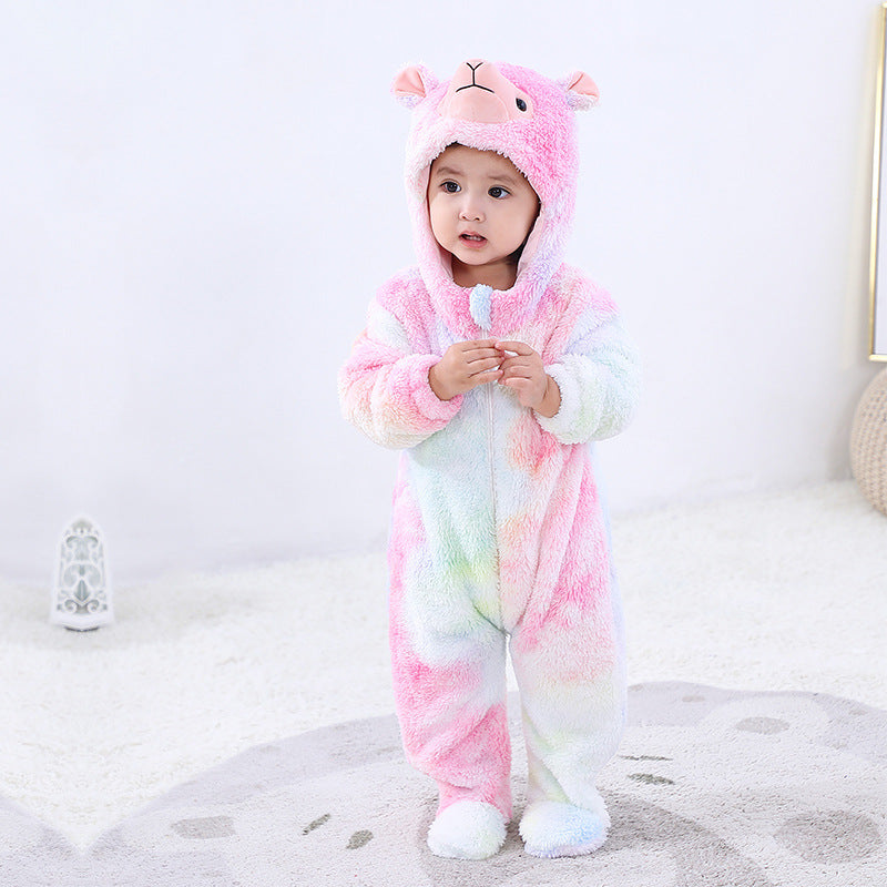 Qile Rabbit new rainbow gradual change baby onesie alpaca hooded plush climbing clothes infant cute out clothes