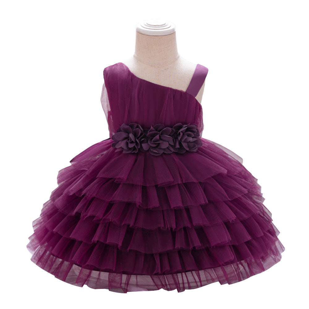 Amazon girl baby cake skirt one-year-old baby suspender slanted shoulder mesh princess skirt children's 100-day wash dress