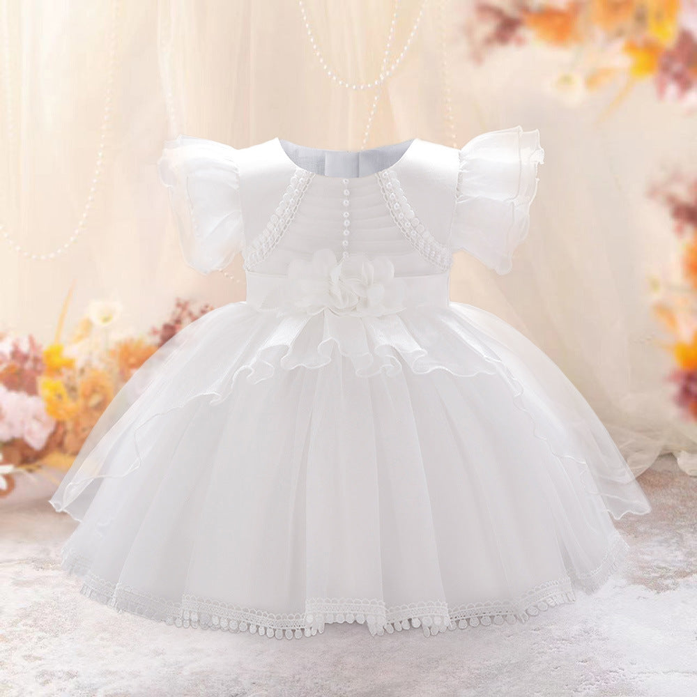 Amazon outer order infant dress princess dress small flying sleeve bead applique tutu wedding flower girl dress