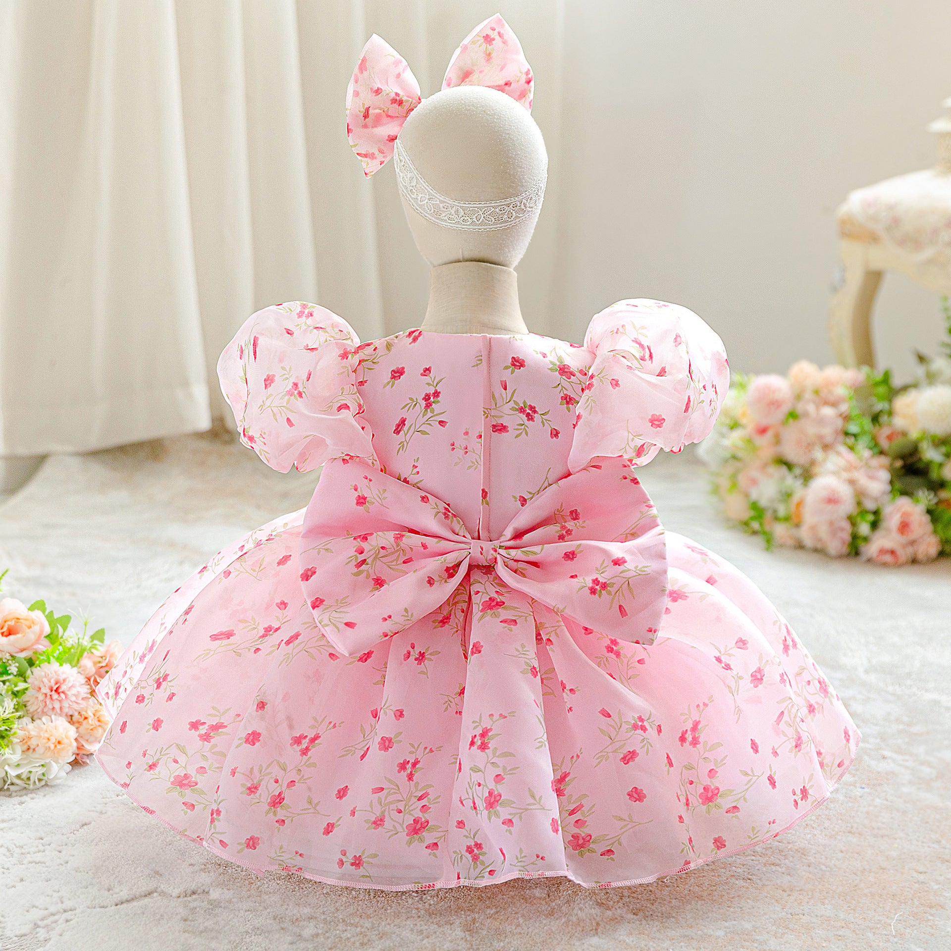 Amazon children's dress girls fluffy floral dress back bow sweet cute bubble sleeve princess dress