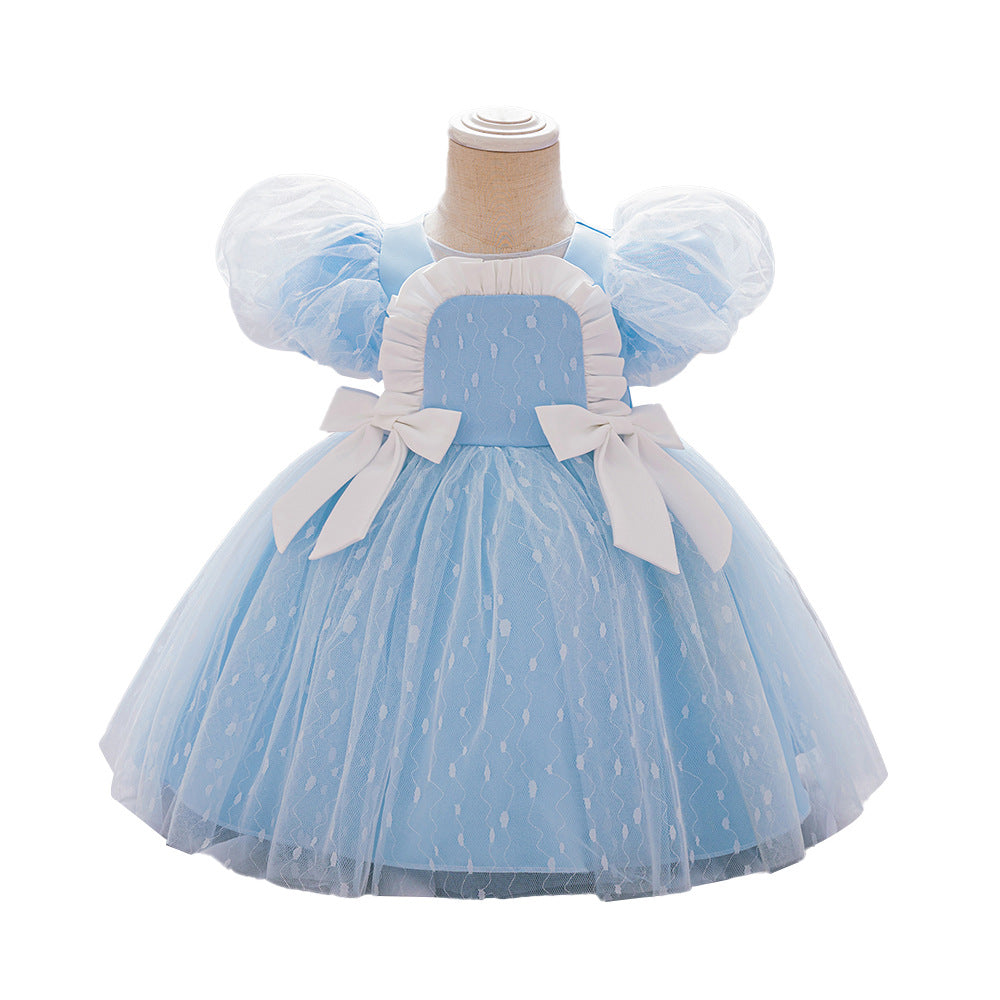 ins style new children's dress bubble sleeve mesh princess dress one-year-old baby dress bow mesh skirt