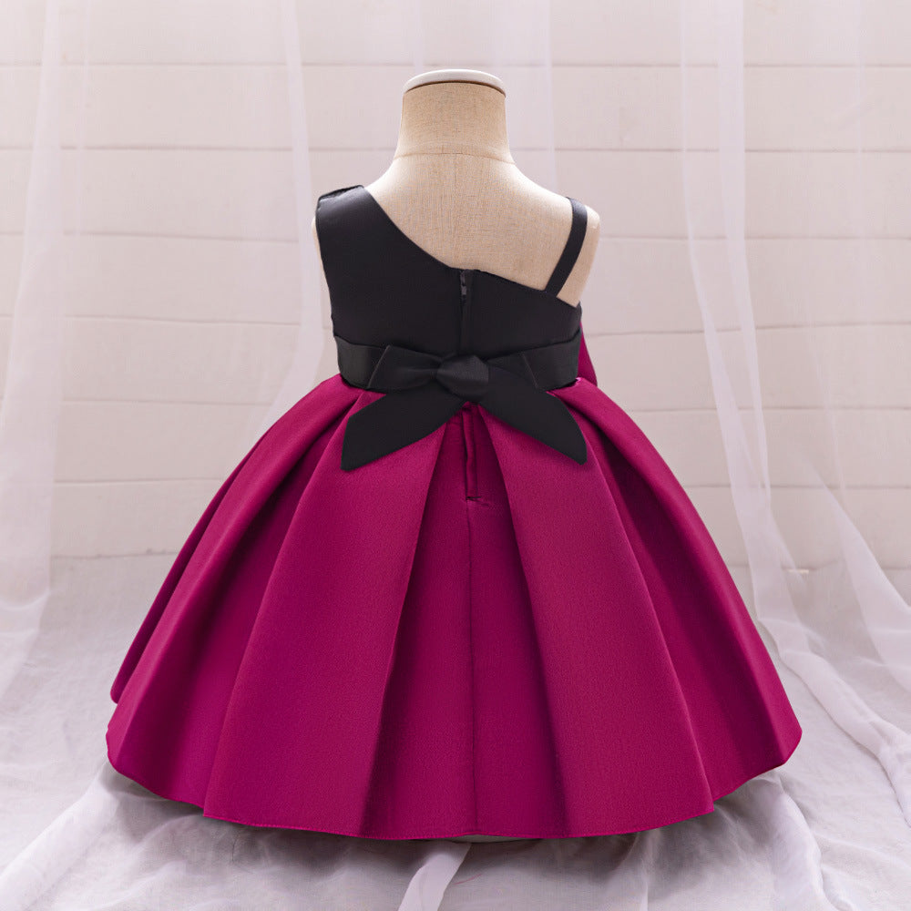 Cross-border new one-year-old dress skirt bow dress slanted shoulder dress baby dress catwalk princess dress