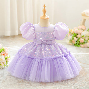 Amazon little girl wedding dress flower girl dress children's bubble sleeve sequins high-end princess dress host performance dress